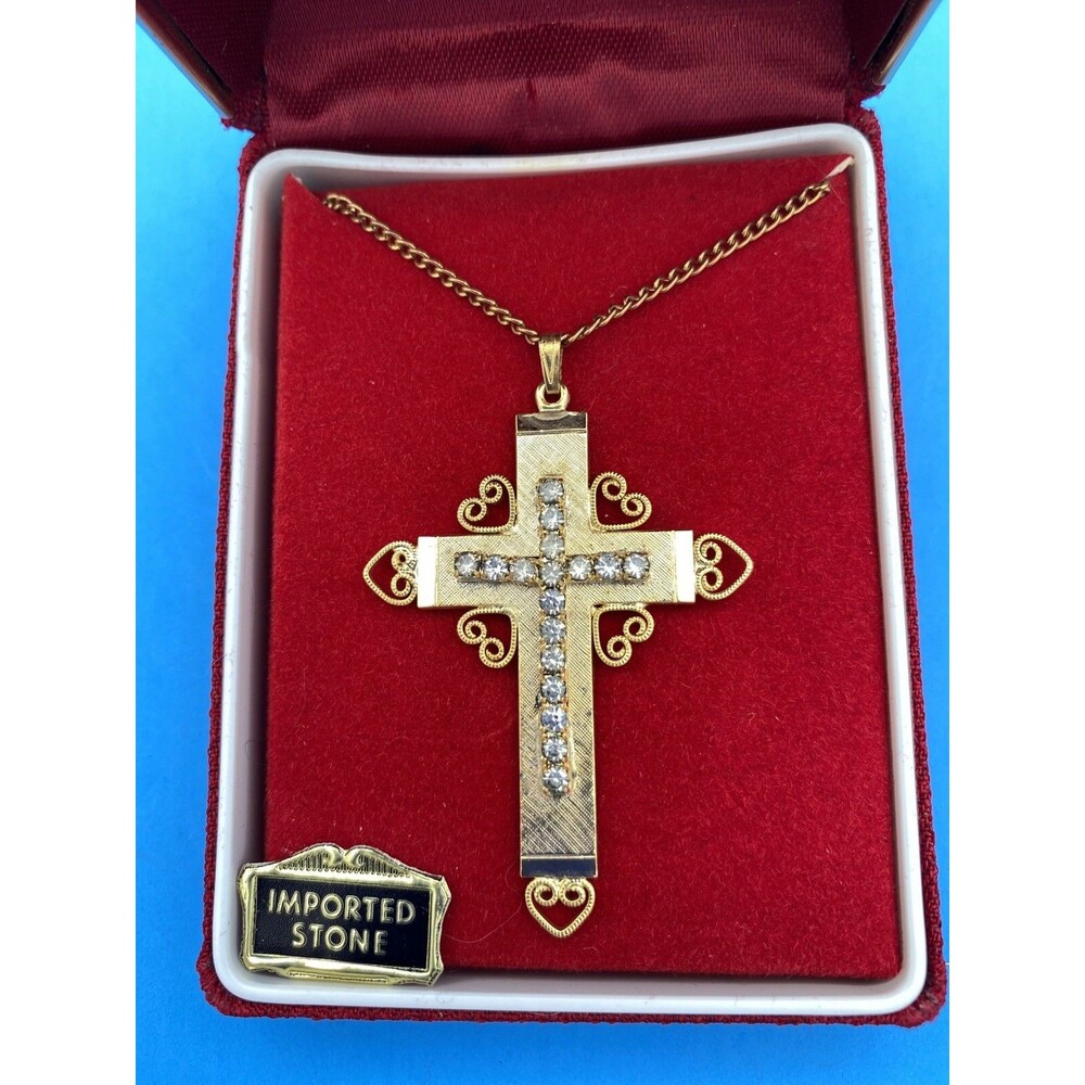 Vintage, Regal Gems, Rhinestone Gold Tone Cross Pendant Necklace, Christianity